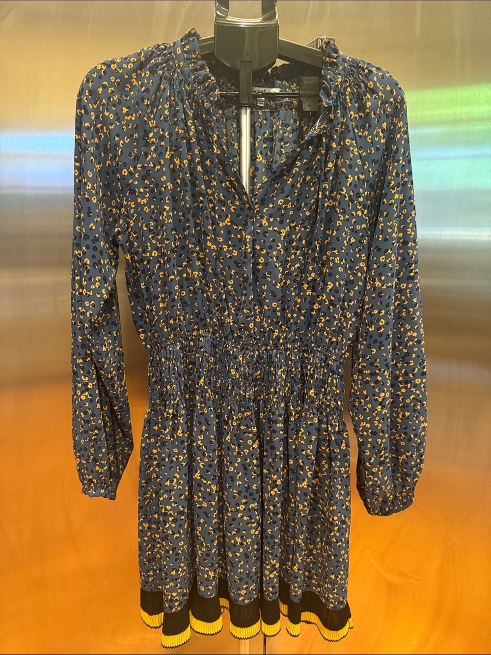 Current Air Navy Blue Leopard-Print Long Sleeve Dress with Yellow Trim